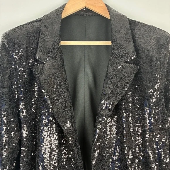Cupshe XL Black Sequin Open Front Jacket Long Sleeve Collared Glam Party Shimmer - Picture 5 of 11